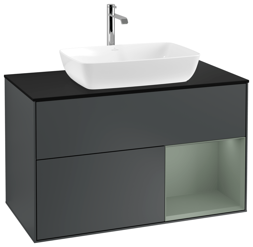 V&B Waschtisch-Unterschrank Wandbeleuchtung Finion 100cm, Abdeckplatte black matt, Regal Olive matt lacquer, Midnight Blue Matt Lacquer
