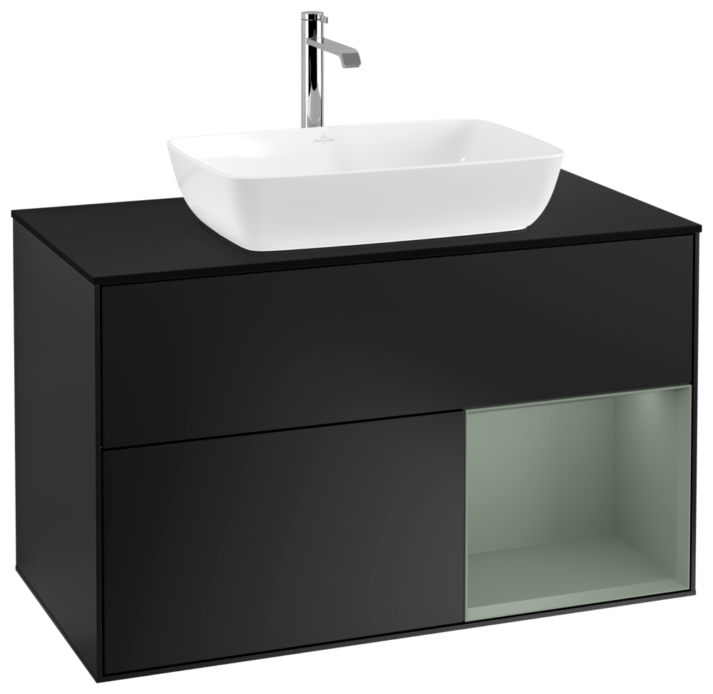 V&B Waschtisch-Unterschrank Wandbeleuchtung Finion 100cm, Abdeckplatte black matt, Regal Olive matt lacquer, Black matt lacquer