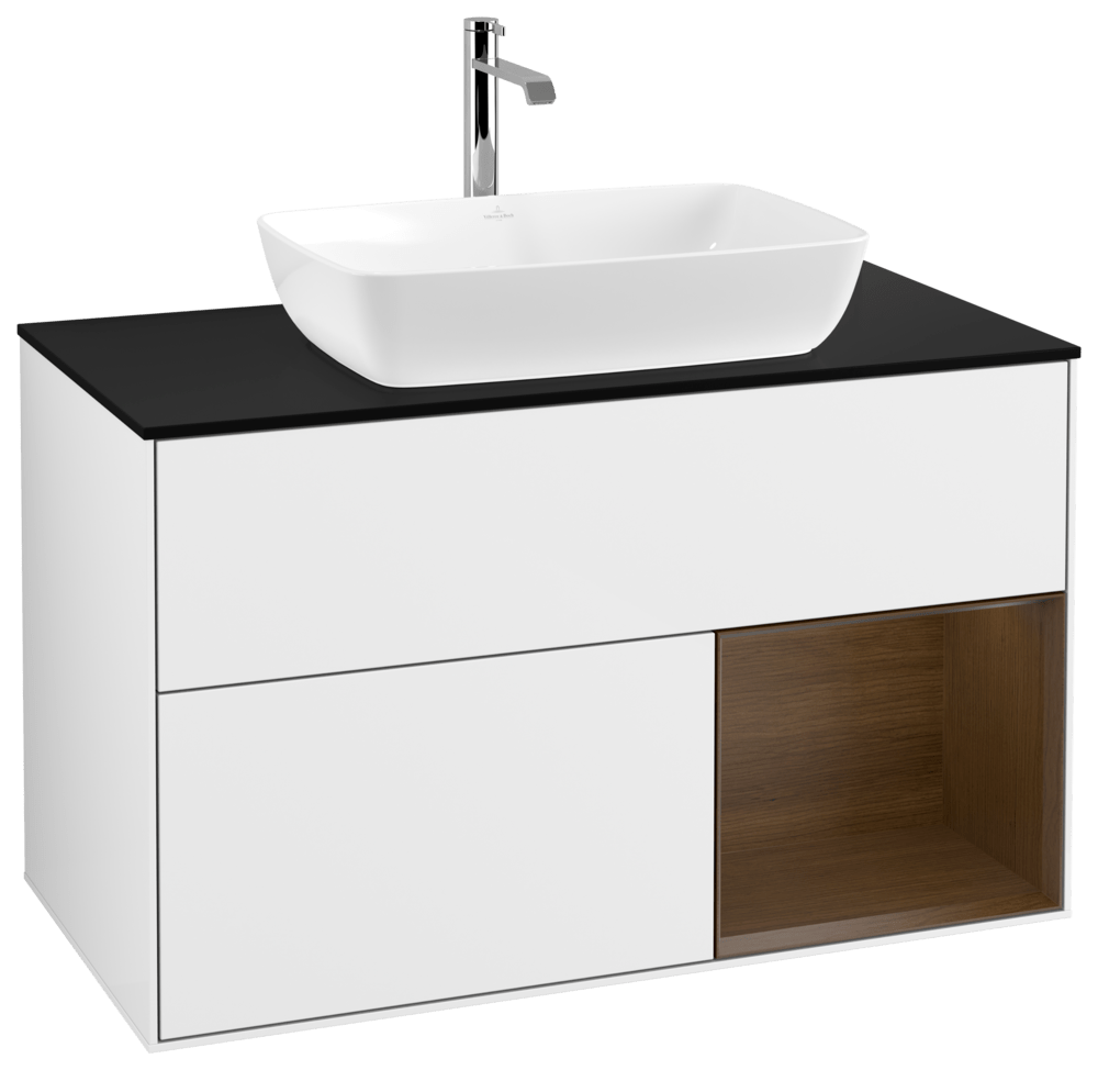 V&B Waschtisch-Unterschrank Wandbeleuchtung Finion 100cm, Abdeckplatte black matt, Regal Walnut Veneer, Glossy white lacquer