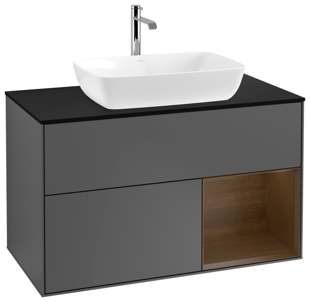V&B Waschtisch-Unterschrank Wandbeleuchtung Finion 100cm, Abdeckplatte black matt, Regal Walnut Veneer, Anthracite matt