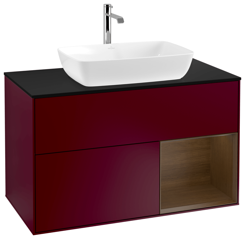 V&B Waschtisch-Unterschrank Wandbeleuchtung Finion 100cm, Abdeckplatte black matt, Regal Walnut Veneer, Peony Matt