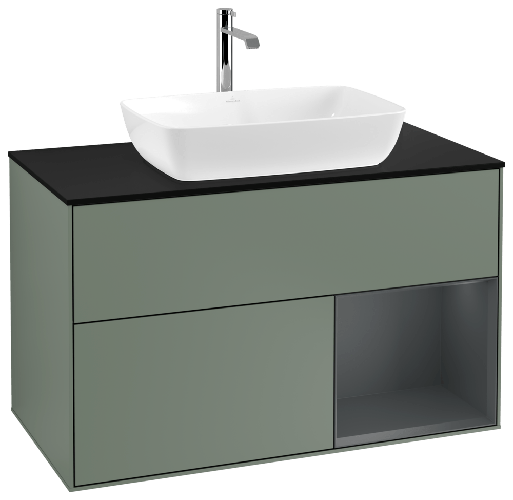 V&B Waschtisch-Unterschrank Wandbeleuchtung Finion 100cm, Abdeckplatte black matt, Regal Midnight matt lacquer, Olive Matt Lacquer