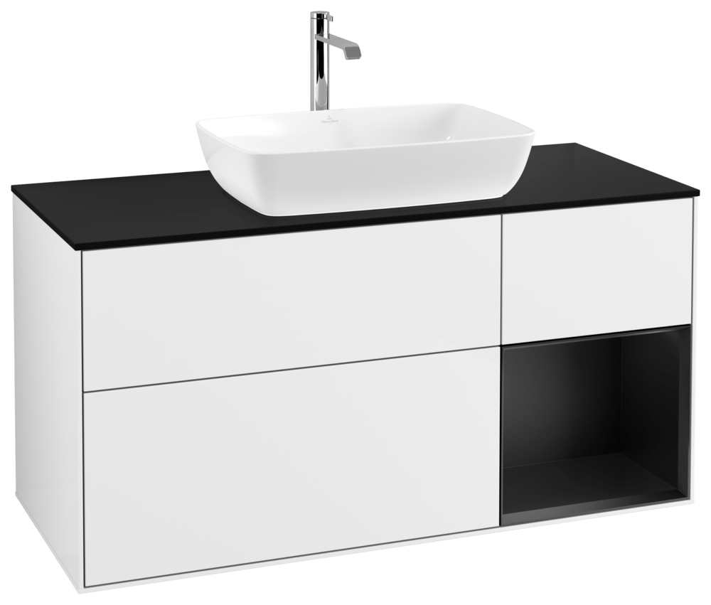 V&B Waschtisch-Unterschrank Wandbeleuchtung Finion 120cm, Abdeckplatte black matt, Regal Black matt lacquer, Glossy white lacquer