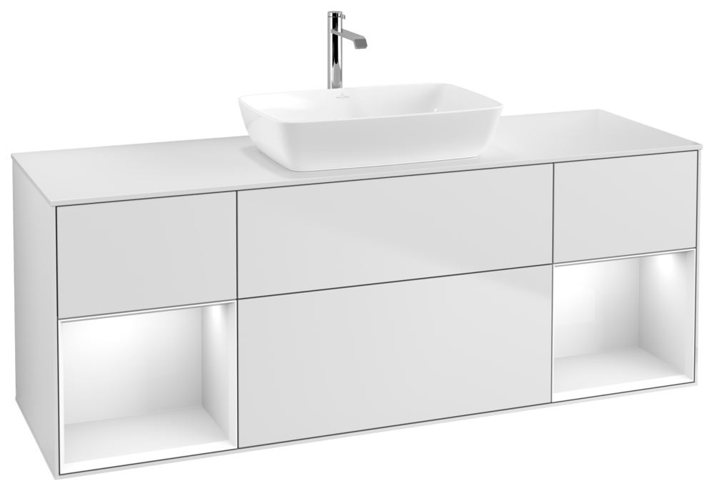 V&B Waschtisch-Unterschrank Wandbeleuchtung Finion 160cm, Abdeckplatte white matt, Regal Glossy white lacquer, White matt lacquer