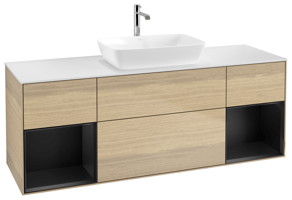 V&B Waschtisch-Unterschrank Wandbeleuchtung Finion 160cm, Abdeckplatte white matt, Regal Black matt lacquer, Oak Veneer