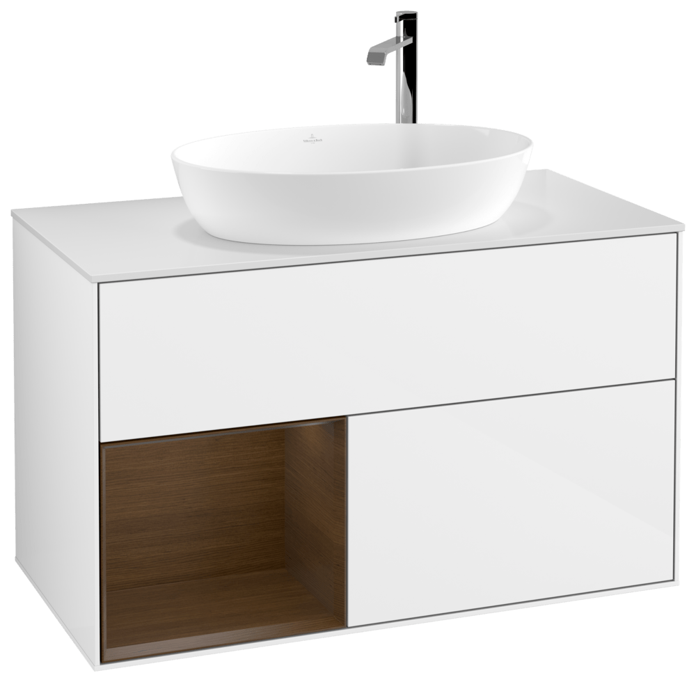 V&B Waschtisch-Unterschrank Wandbeleuchtung Finion 100cm, Abdeckplatte white matt, Regal Walnut Veneer, Glossy white lacquer