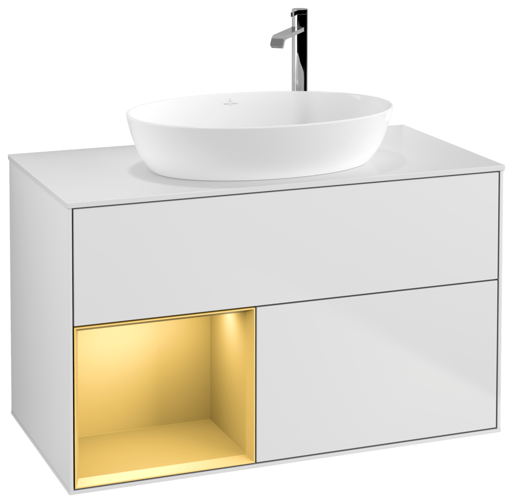 V&B Waschtisch-Unterschrank Wandbeleuchtung Finion 100cm, Abdeckplatte white matt, Regal Gold matt lacquer, White matt lacquer