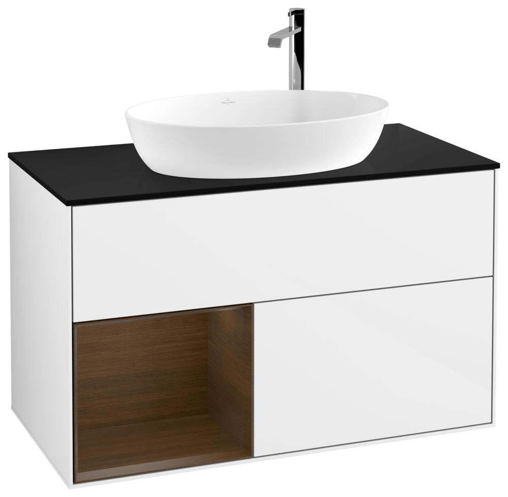 V&B Waschtisch-Unterschrank Wandbeleuchtung Finion 100cm, Abdeckplatte black matt, Regal Walnut Veneer, Glossy white lacquer