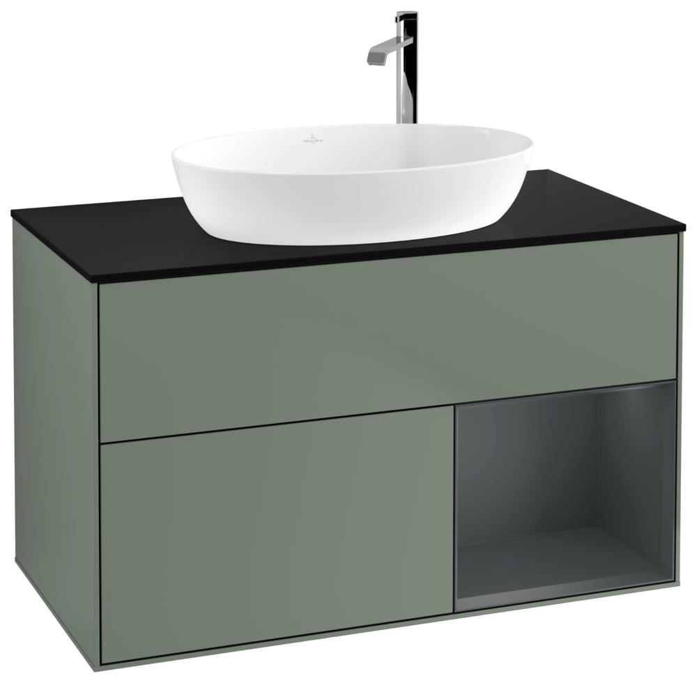 V&B Waschtisch-Unterschrank Wandbeleuchtung Finion 100cm, Abdeckplatte black matt, Regal Midnight matt lacquer, Olive Matt Lacquer
