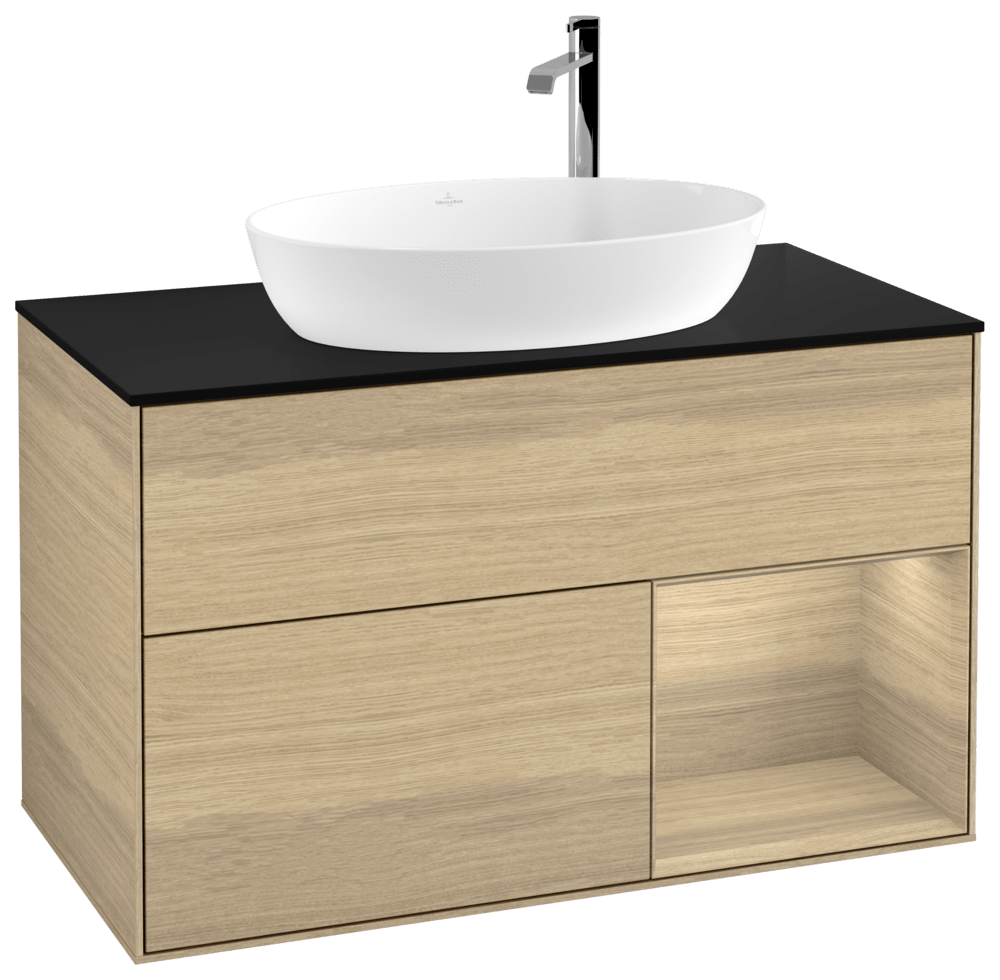 V&B Waschtisch-Unterschrank Wandbeleuchtung Finion 100cm, Abdeckplatte black matt, Regal Oak Veneer, Oak Veneer