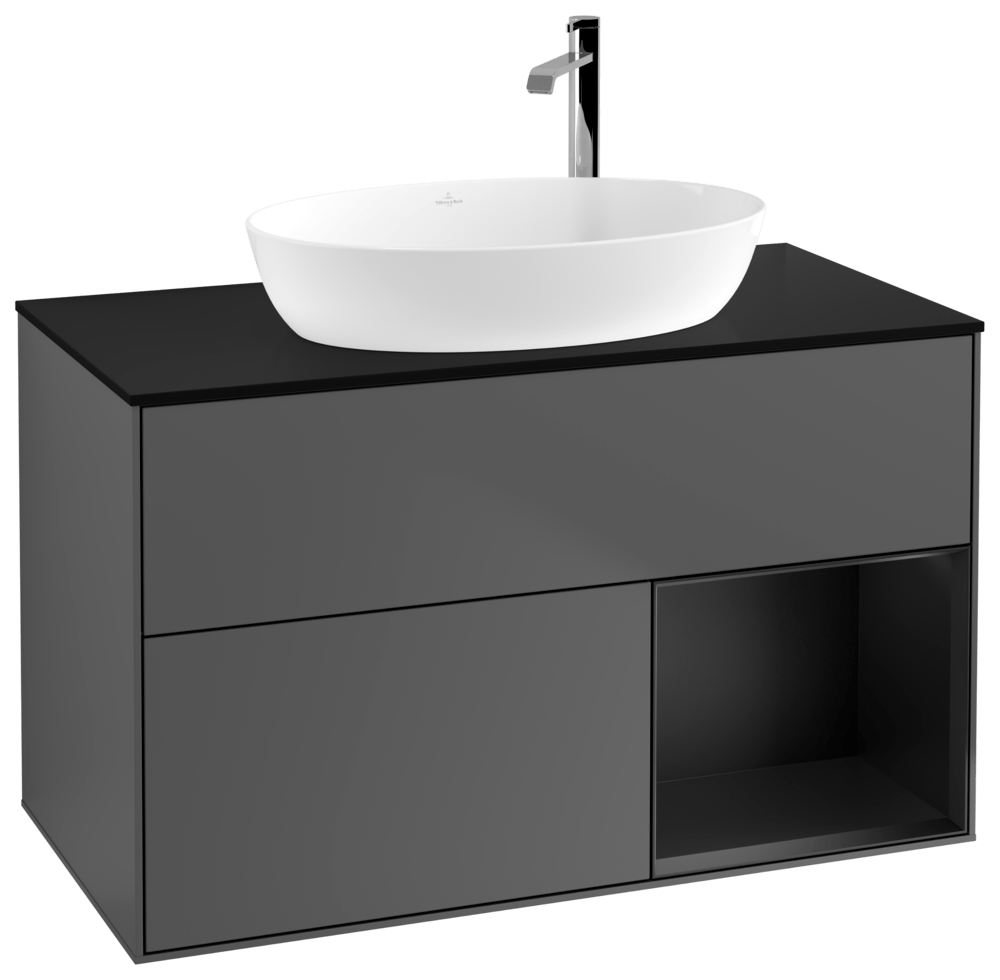 V&B Waschtisch-Unterschrank Wandbeleuchtung Finion 100cm, Abdeckplatte black matt, Regal Black matt lacquer, Anthracite matt