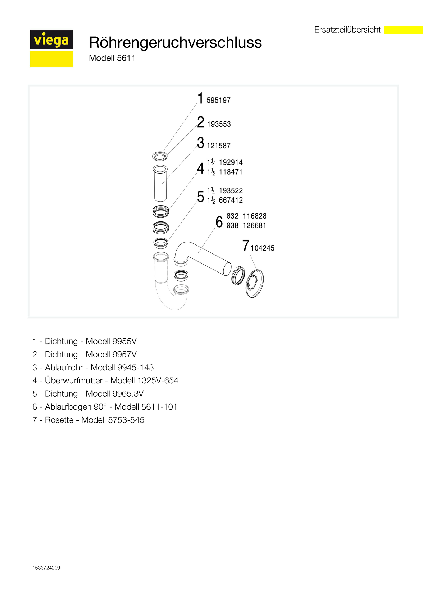 Viega Röhrengeruchsverschluss 5611 G 1 1/4 x G 1 1/4, Messing verchromt