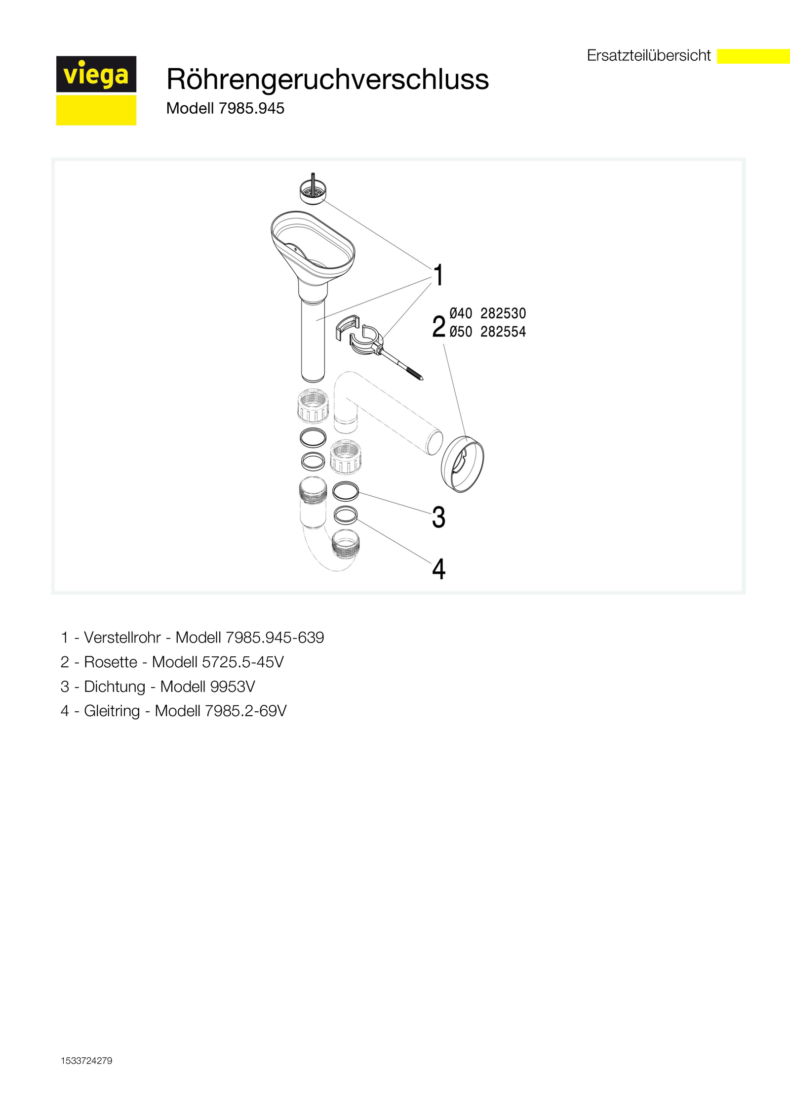 Viega Röhrengeruchsverschluss 7985.945 DN 50, Kunststoff weiß, mit Trichter