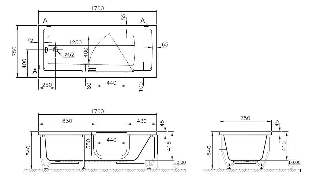 VitrA Bad Badewanne Conforma Combo 170 x 75 cm, rechteckig mit Einstieg rechts, mit Hydromassagesystem, weiß