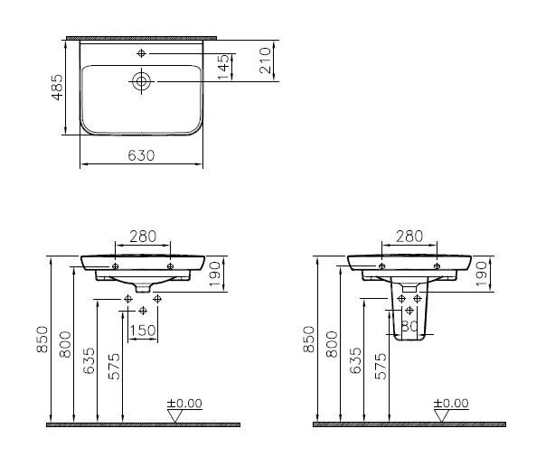 VitrA Bad Waschtisch Sento 63x48,5cm, unterbaufähig, mit Überlauf, 1 Hahnloch mittig, weiß hochglanz