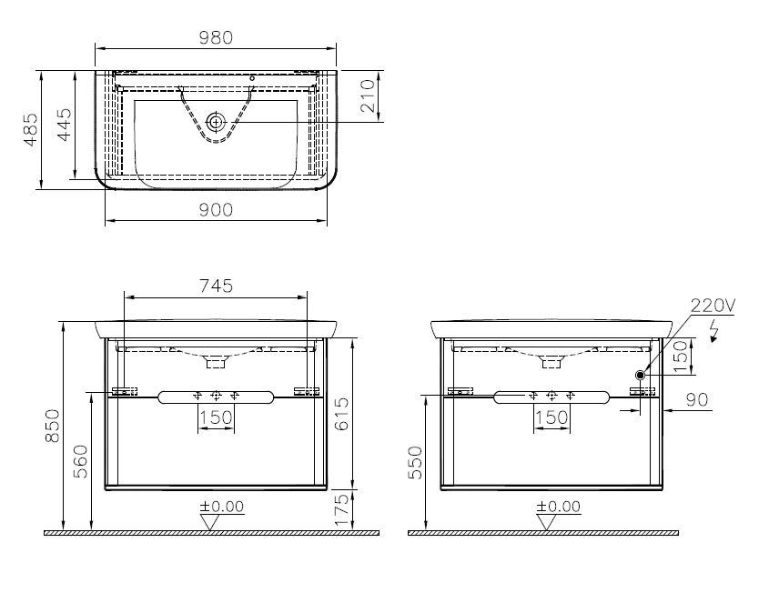 VitrA Bad Waschtisch-Möbel-Set Sento 98x48,5x67,5cm, 2 Vollauszüge, fjordgrün matt, Dekor