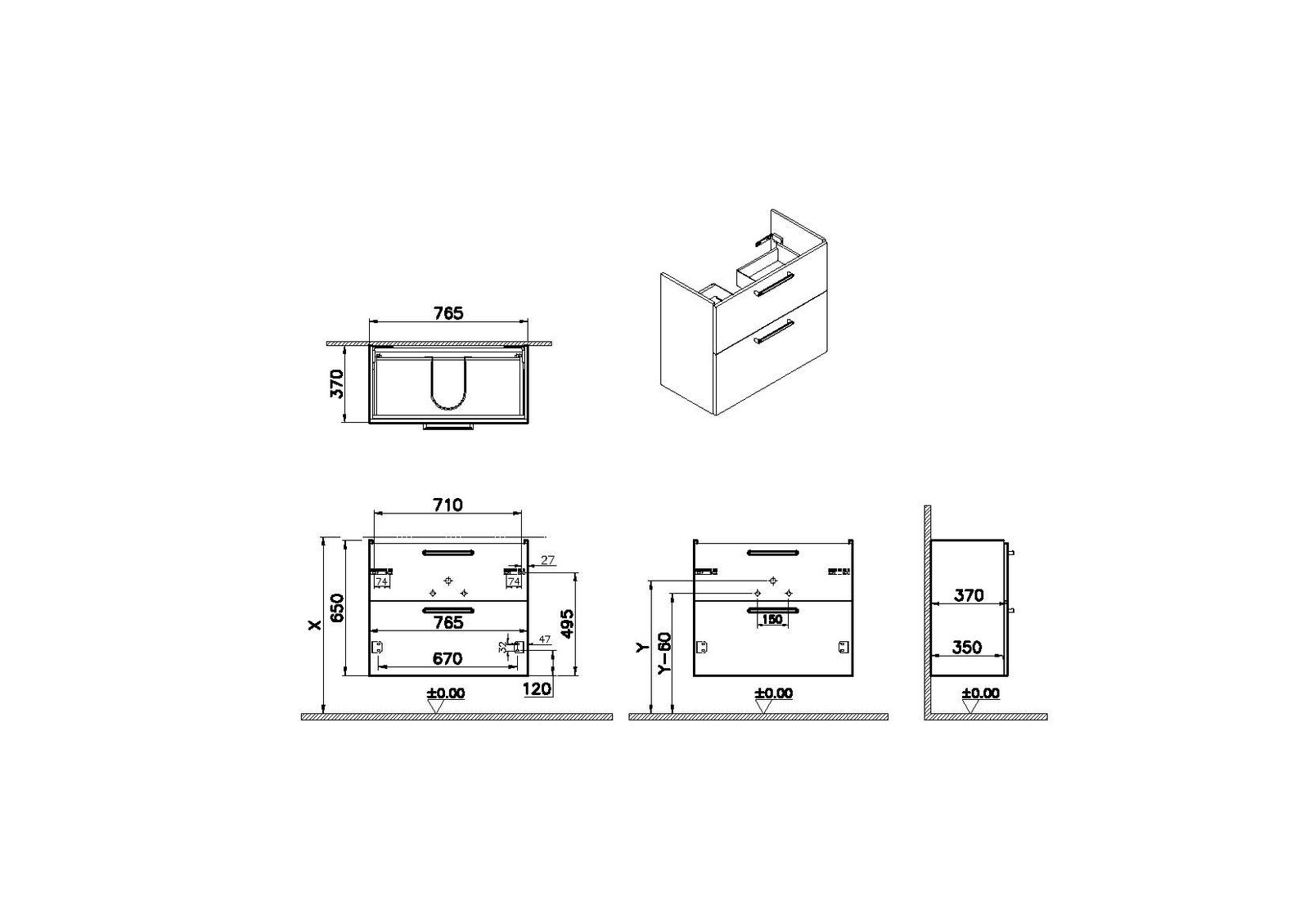VitrA Bad Waschtisch-Unterschrank Root Flat Compact 76,5x37x65cm, 2 Vollauszüge, Korpus Anthrazit Hochglanz