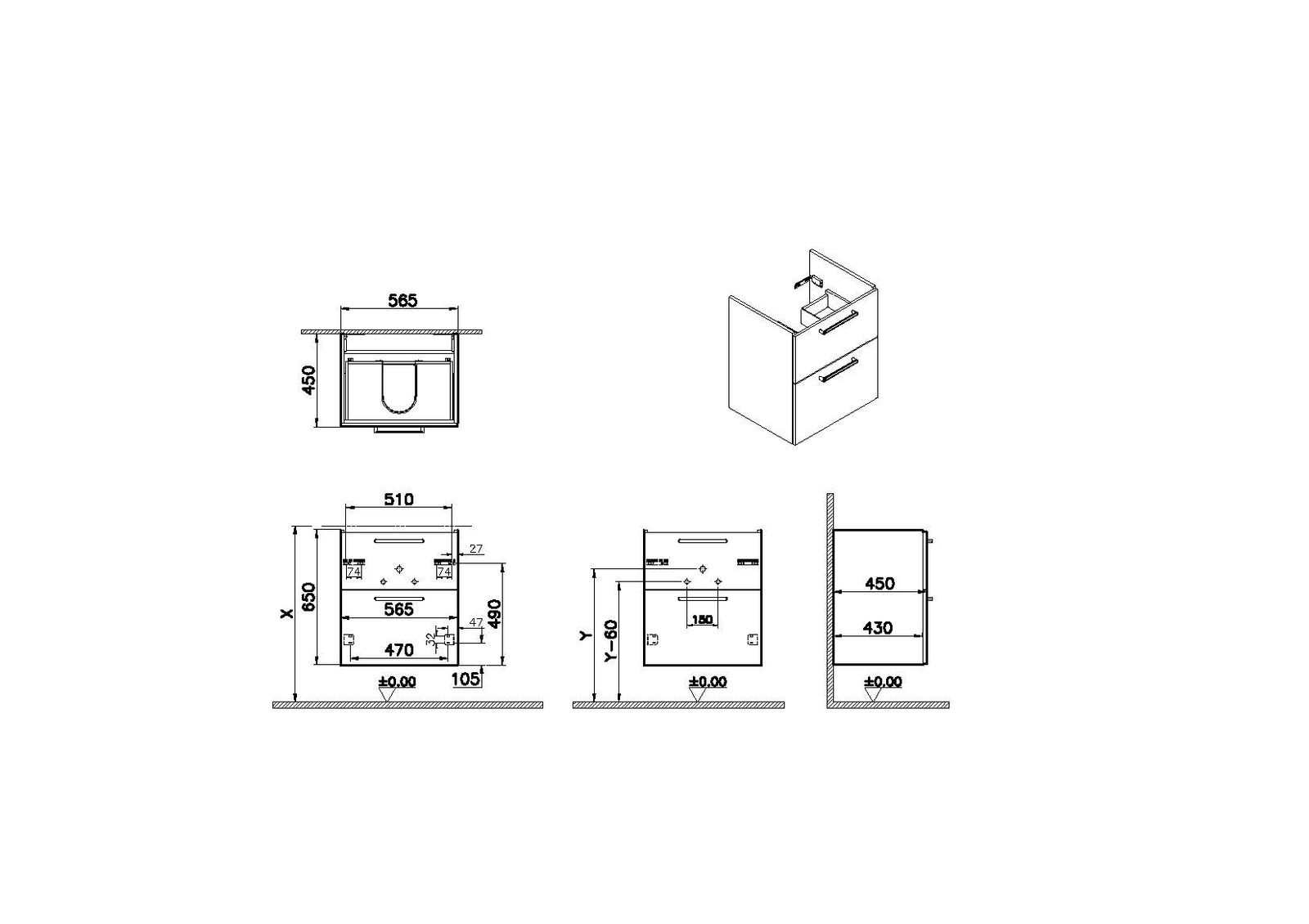 VitrA Bad Waschtisch-Unterschrank Root Flat 56,5x45x65cm, 2 Vollauszüge, Korpus Dunkelblau Matt