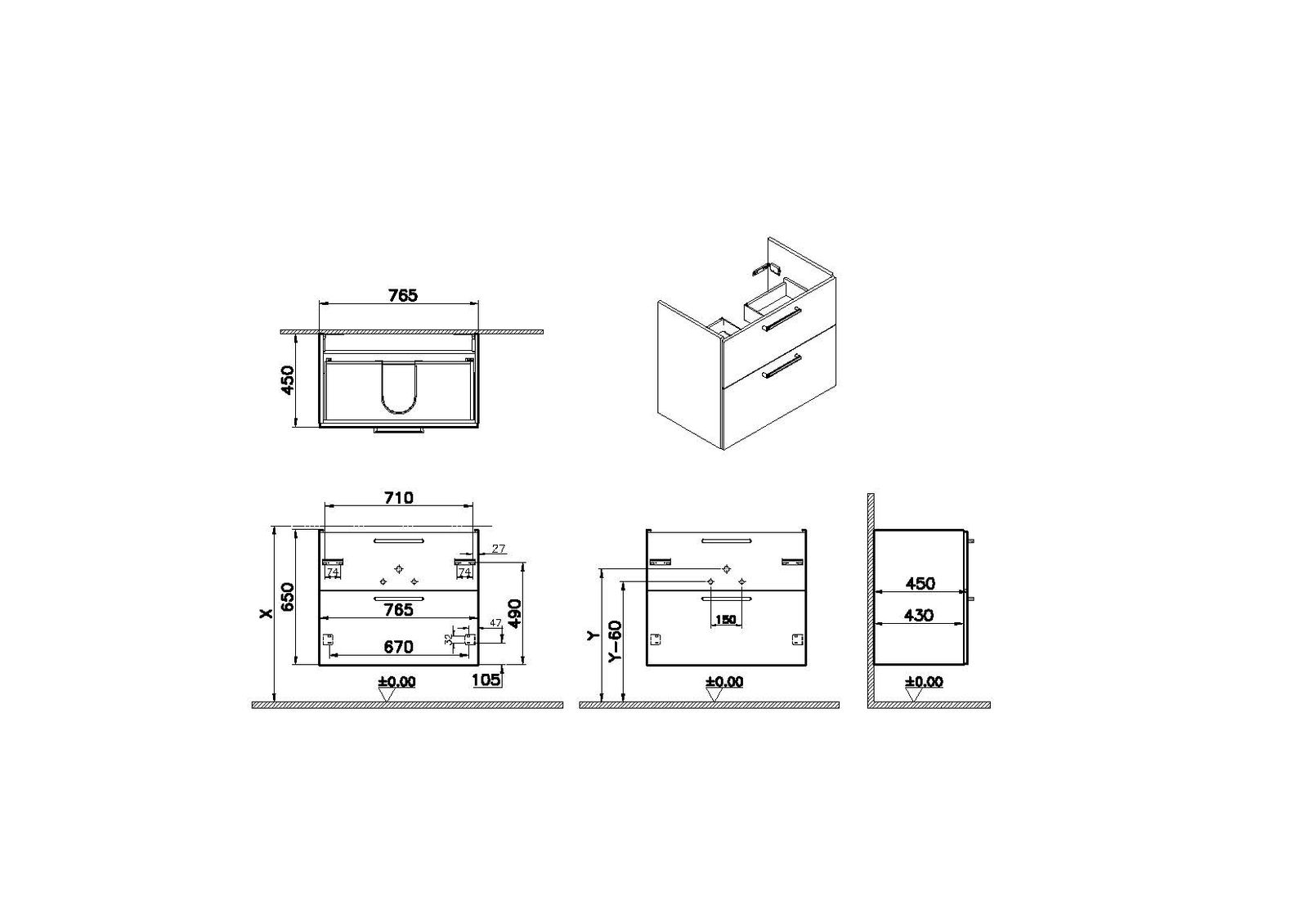 VitrA Bad Waschtisch-Unterschrank Root Flat 76,5x45x65cm, 2 Vollauszüge, Korpus Anthrazit Hochglanz