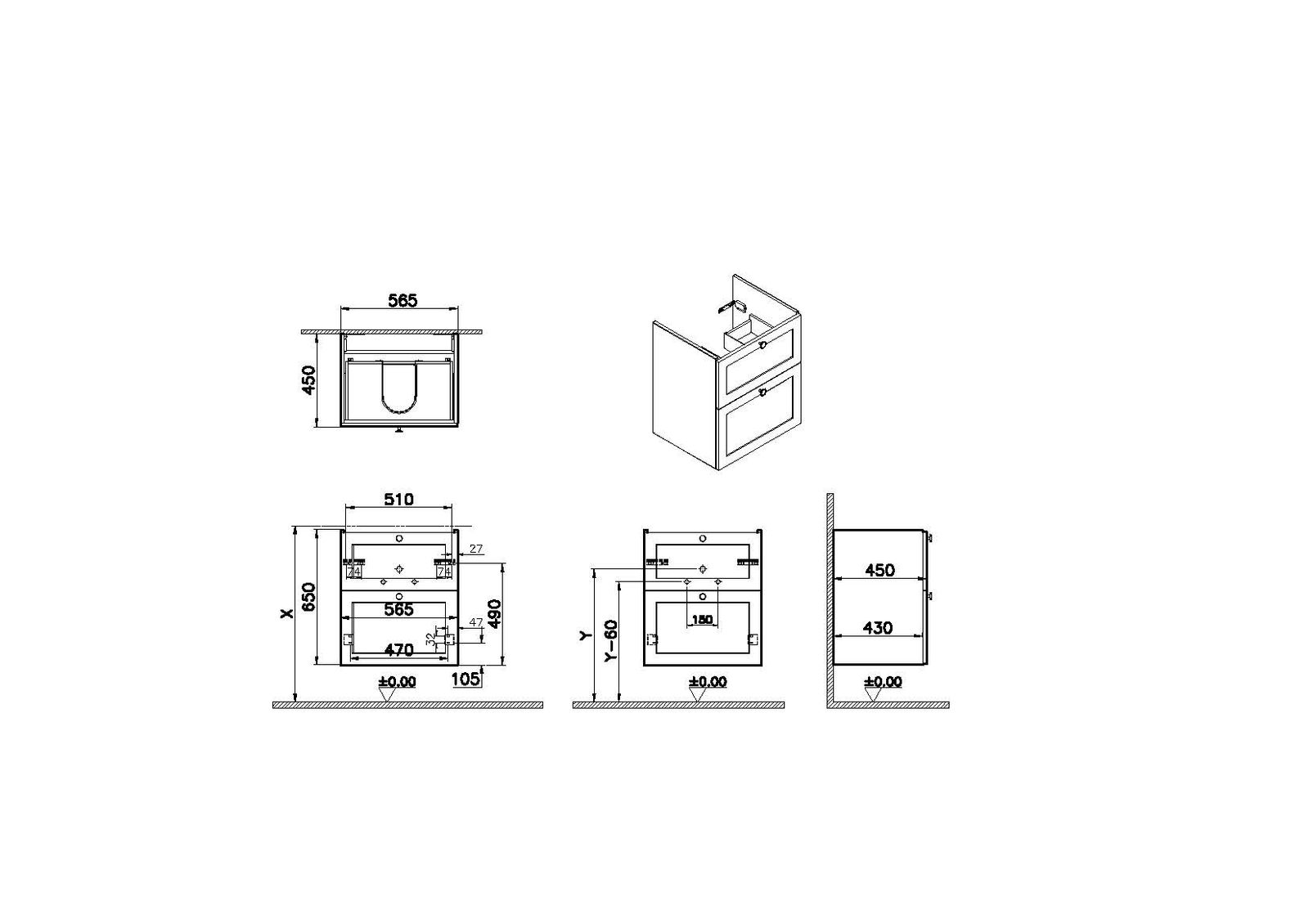 VitrA Bad Waschtisch-Unterschrank Root Classic 56,5x45x65cm, 2 Vollauszüge, Korpus Fjordgrün Matt