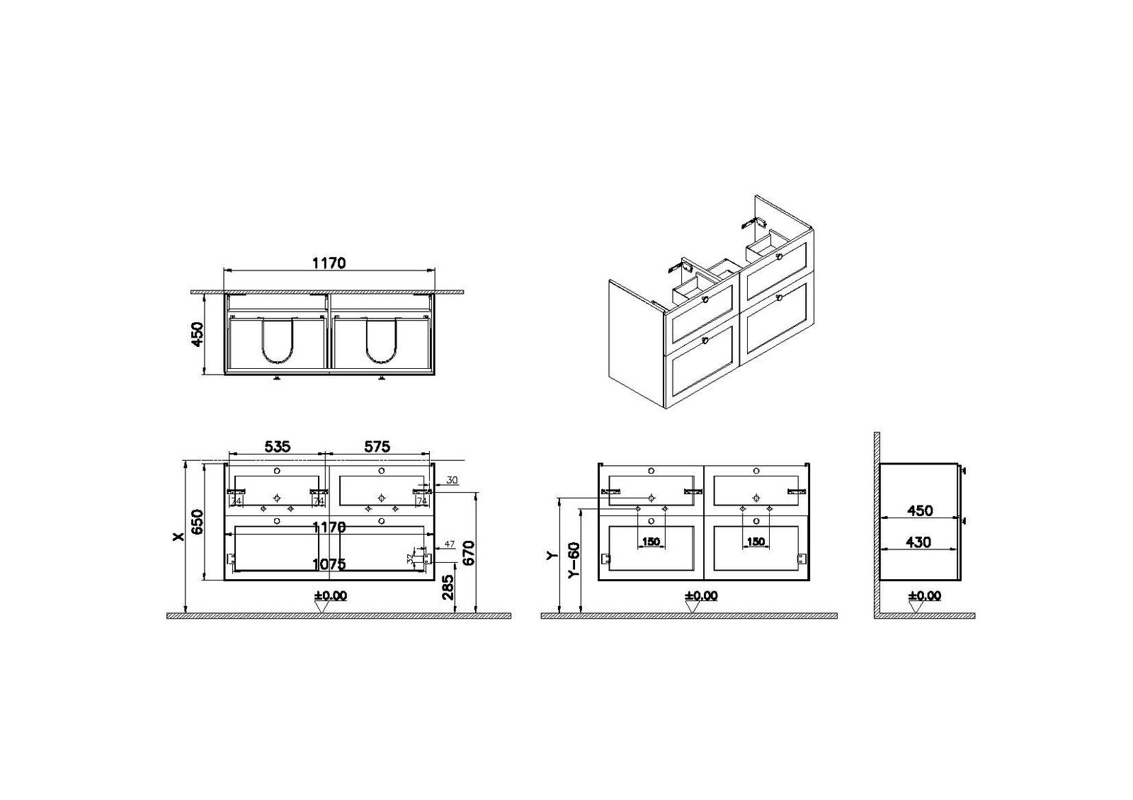 VitrA Bad Waschtisch-Unterschrank Root Classic 117x45x65cm, 4 Vollauszüge, Korpus Fjordgrün Matt