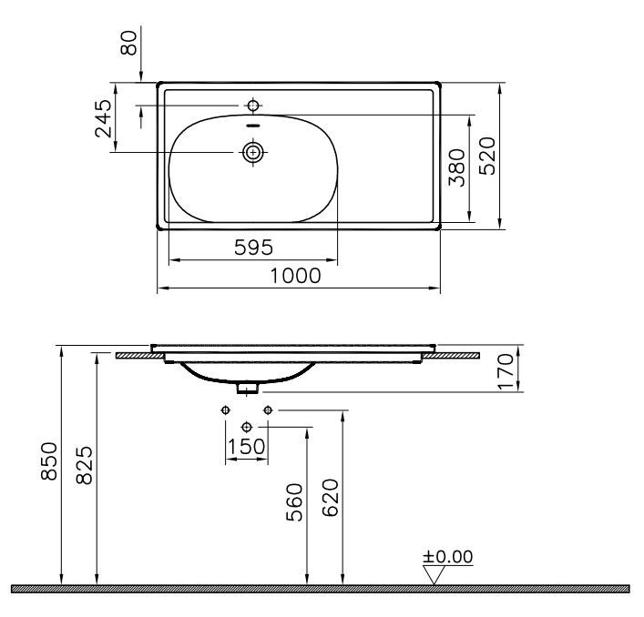 VitrA Bad Möbelwaschtisch Equal asymmetrisch 100x52cm, 1 Hahnloch mittig Becken, Becken links, Ablage rechts, weiß hochglanz VC