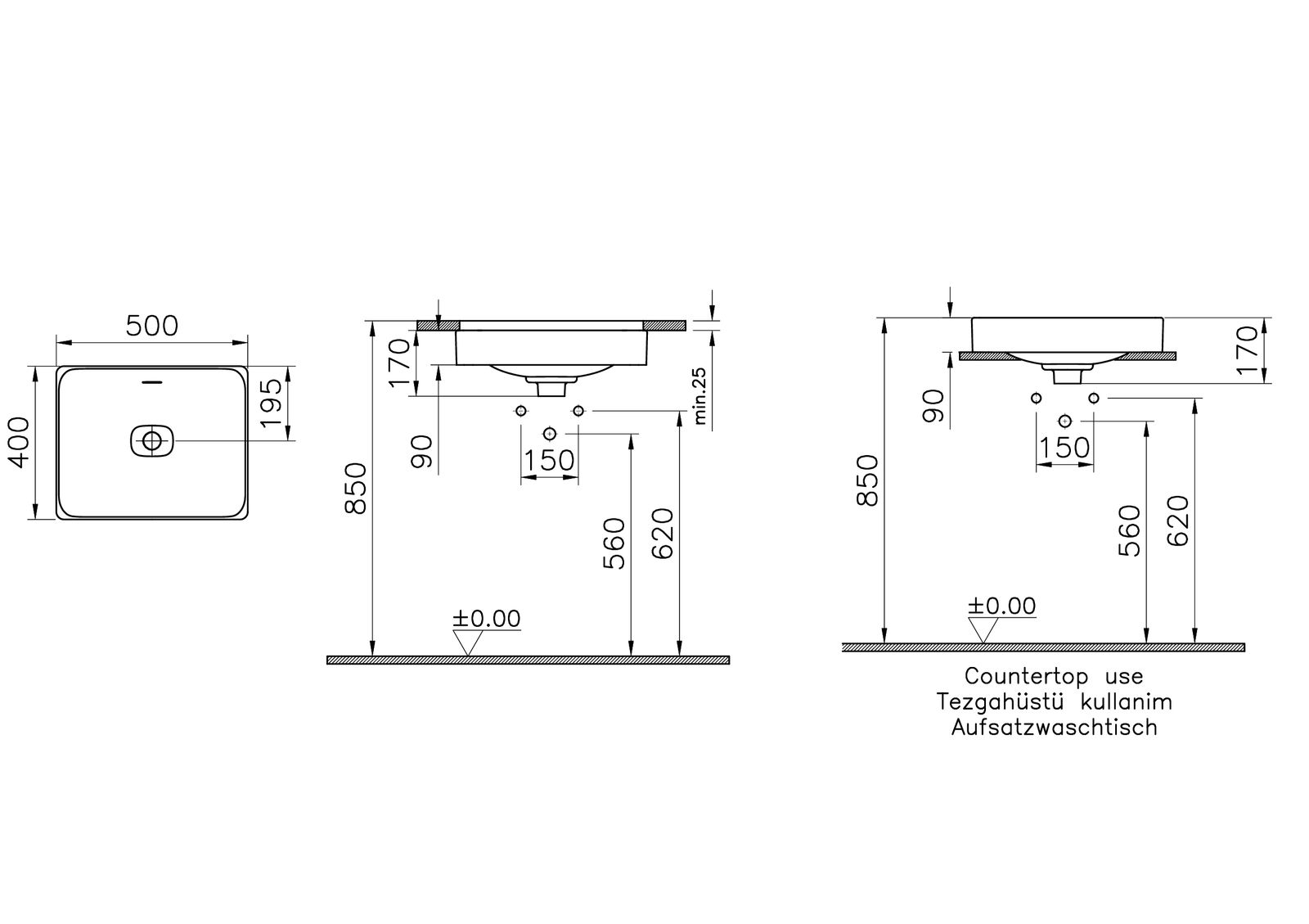 VitrA Bad Unterbauwaschtisch New Metropole 50x40x17cm, rechteckig, ohne Hahnlochbank, edelweiß vc, mit Überlaufschlitz