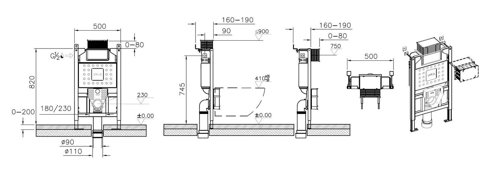 VitrA Bad UP-Spülkasten-Modul V-Fix Easy 82x16-19x50cm, für Wand-WCs