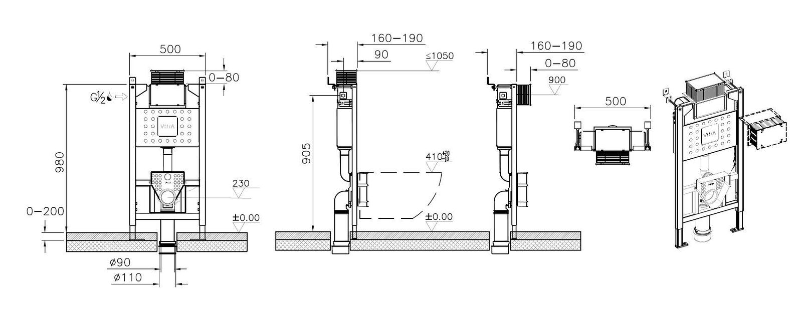 VitrA Bad UP-Spülkasten-Modul V-Fix Easy 98x16-19x50cm, für Wand-/Dusch-WCs