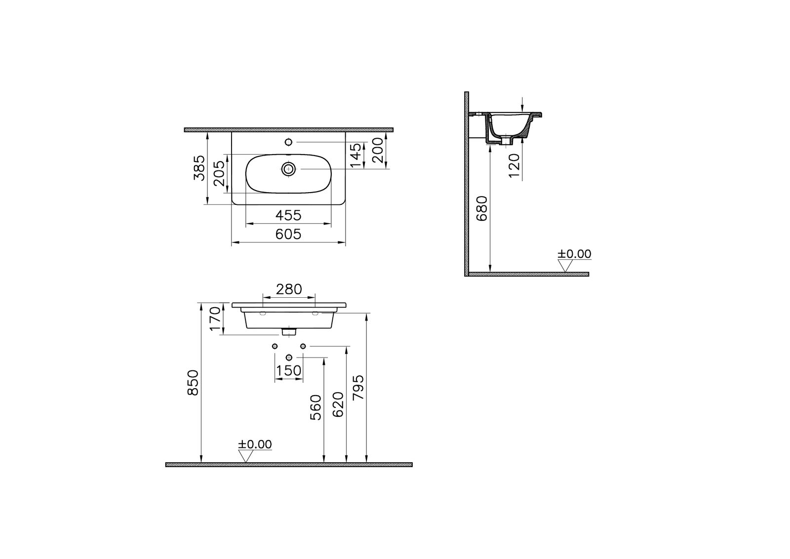 VitrA Bad Möbelwaschtisch Zentrum Compact 60,5 x 38,5 cm, weiß hochglanz, oval, unterbaufähig, Überlauf, Hahnloch mittig