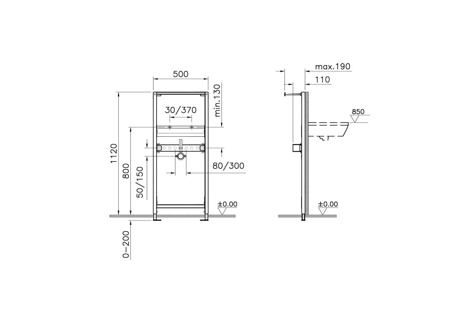VitrA Bad Installationsrahmen V-Fix Easy 50x11-19x112cm, für Waschtische