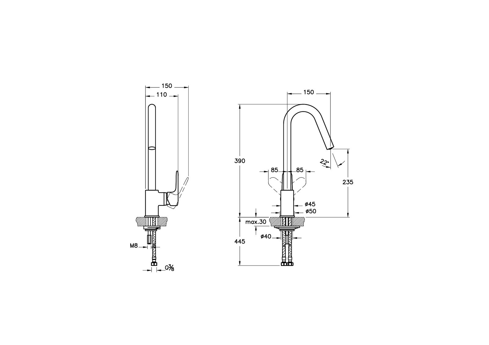 VitrA Bad Spültisch-Einhebelmischer Root Round Ausladung 150mm, Einlochmontage, ohne Ablaufgarnitur G 3/8, Kupfer