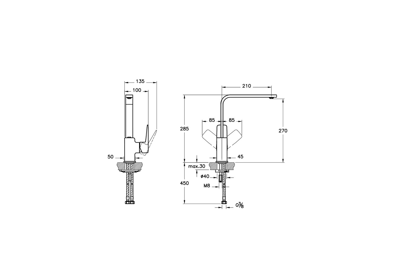 VitrA Bad Spültisch-Einhebelmischer Root Square Ausladung 210mm, Einlochmontage, ohne Ablaufgarnitur G 3/8, Kupfer
