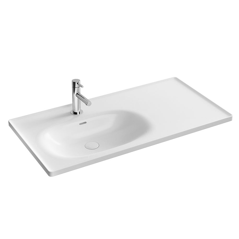 VitrA Bad Möbelwaschtisch Equal asymmetrisch 100x52cm, 1 Hahnloch mittig Becken, Becken links, Ablage rechts, weiß hochglanz VC