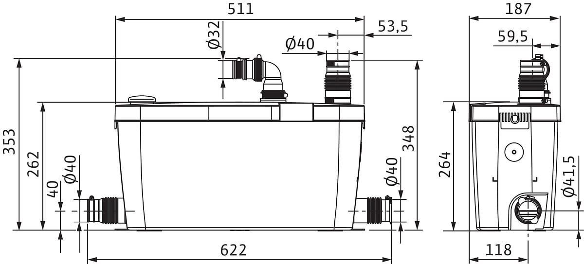Wilo Schmutzwasser-Hebeanlage HiDrainlift 3 3-35, 511x264x187 mm, 5,4 kg, Überflur