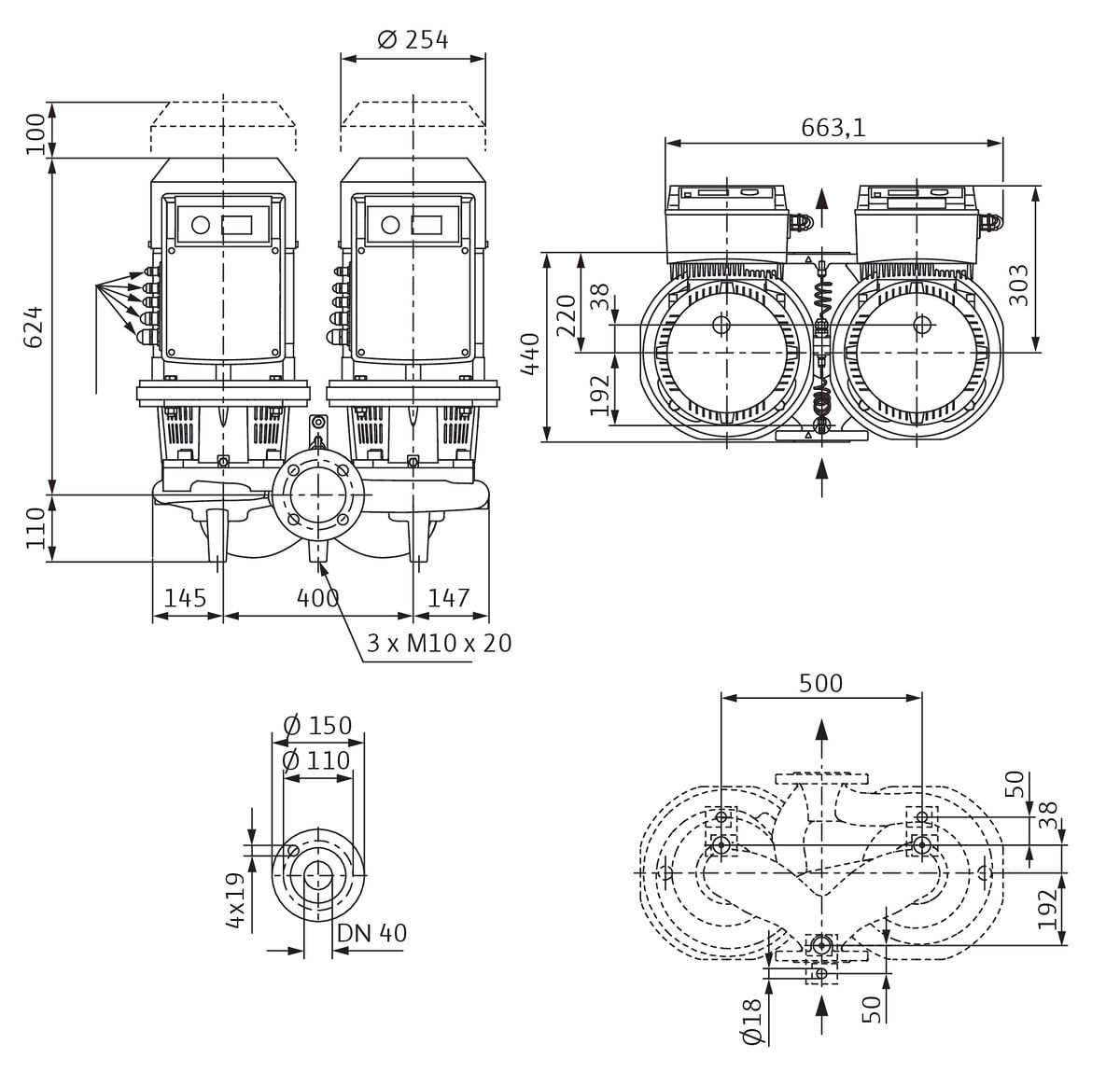 Wilo Trockenläufer-Energiesparpumpe CronoTwin DL-E 40/200-7,5/2, 7,5 kW, mit Differenzdruckgeber