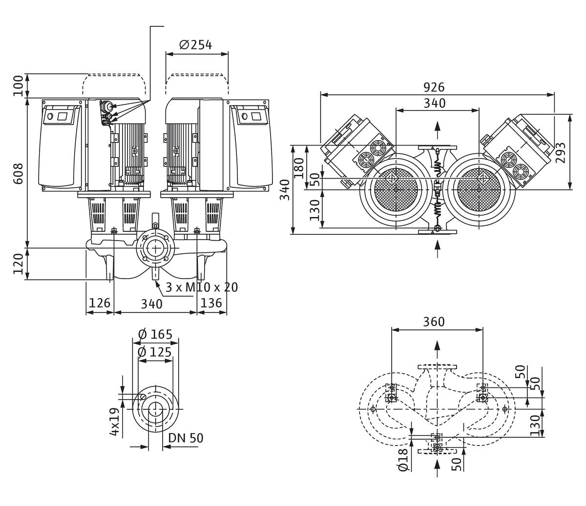 Wilo Trockenläufer-Energiesparpumpe CronoTwin DL-E 50/170-7,5/2, 7,5 kW, mit Differenzdruckgeber