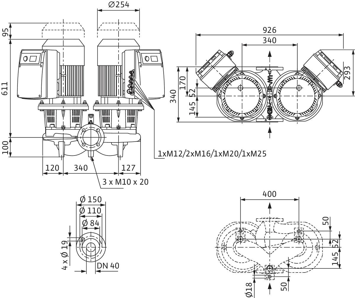 Wilo Trockenläufer-Energiesparpumpe CronoTwin DL-E 40/170-5,5/2-R1, 5,5 kW, ohne Differenzdruckgeber