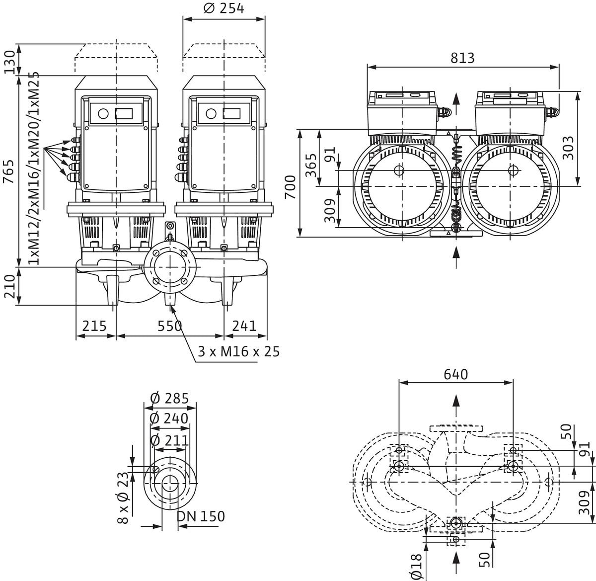 Wilo Trockenläufer-Energiesparpumpe CronoTwin DL-E 150/190-5,5/4-R1, 5,5 kW, ohne Differenzdruckgeber